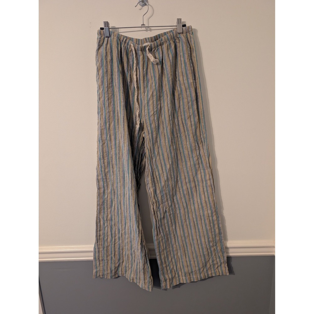 POL Womens Striped Wide Leg Pants Blue Tan Cotton Size Medium artsy flowy